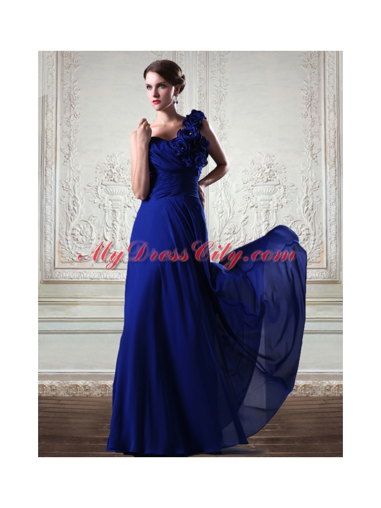 Sturning One Shoulder Chiffon Royal Blue Empire Prom Dress with Hand Made Flowers