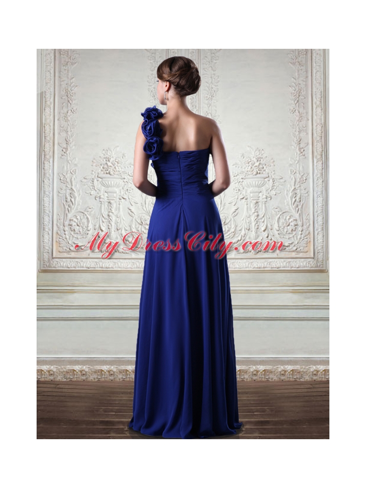 Sturning One Shoulder Chiffon Royal Blue Empire Prom Dress with Hand Made Flowers