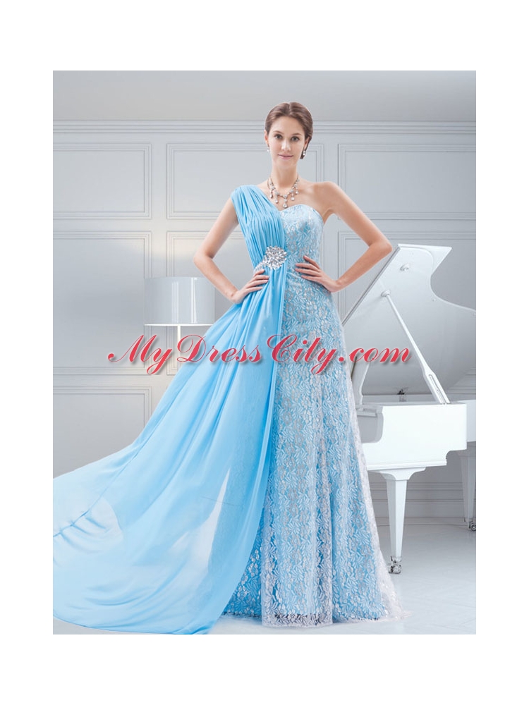 Suitable Empire Brush Train Baby Blue One Shoulder Beading Prom Dress