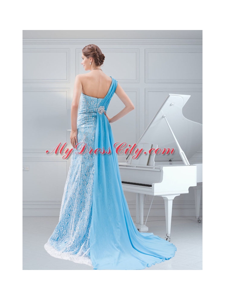 Suitable Empire Brush Train Baby Blue One Shoulder Beading Prom Dress