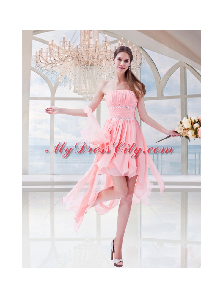 Watermelon Red Empire Chiffon Strapless Asymmetrical Prom Dress