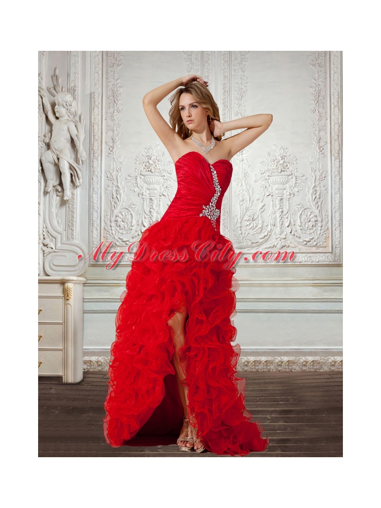 2015 Column Sweetheart Red Prom Dress with Beading and Ruching