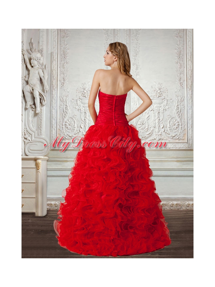 2015 Column Sweetheart Red Prom Dress with Beading and Ruching