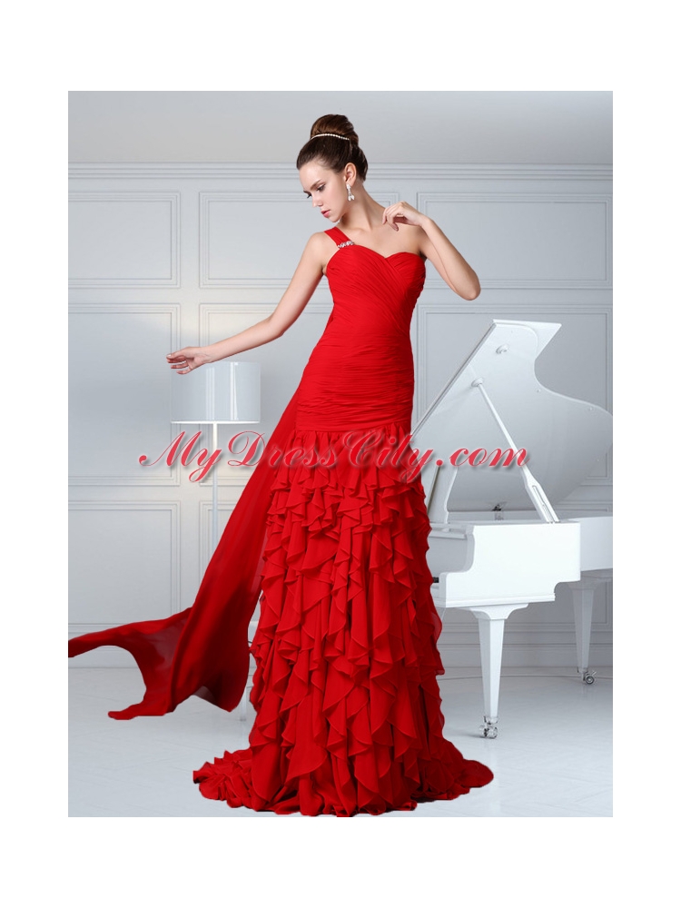 2015 One Shoulder Ruching Column Chiffon Watteau Train Prom Dress in Red