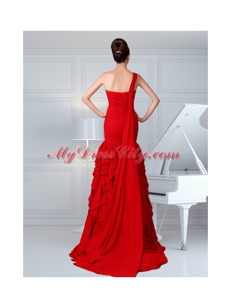 2015 One Shoulder Ruching Column Chiffon Watteau Train Prom Dress in Red