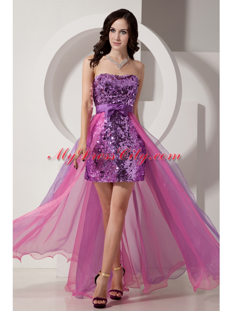 2015 Purple and Pink Column High Low Bow knot Sequins Prom Dress