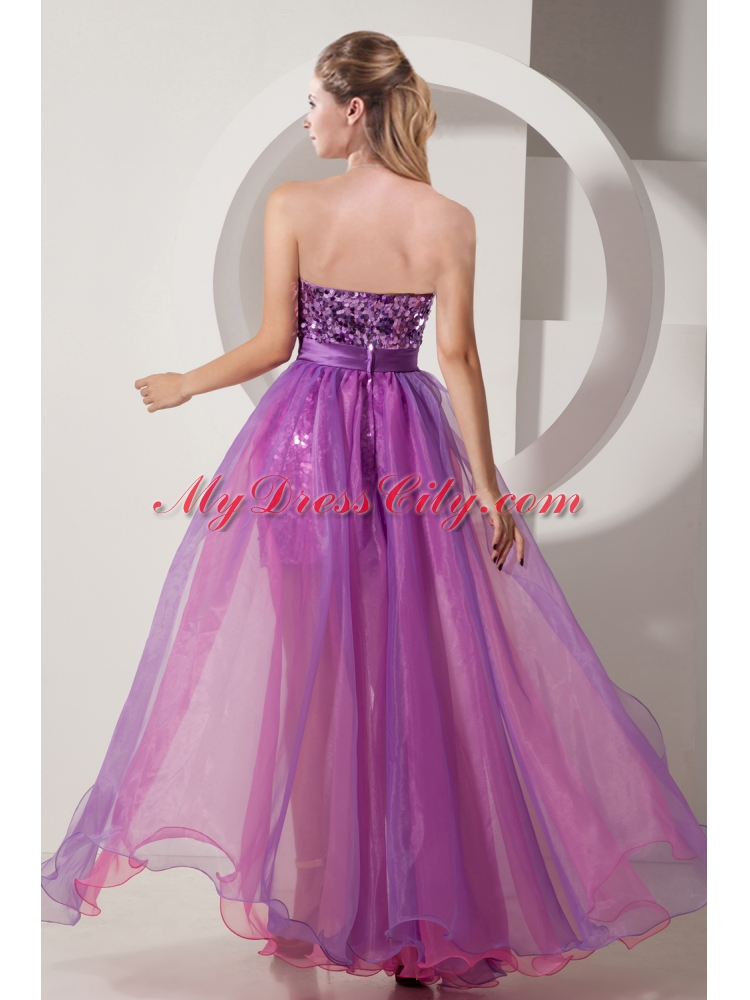 2015 Purple and Pink Column High Low Bow knot Sequins Prom Dress