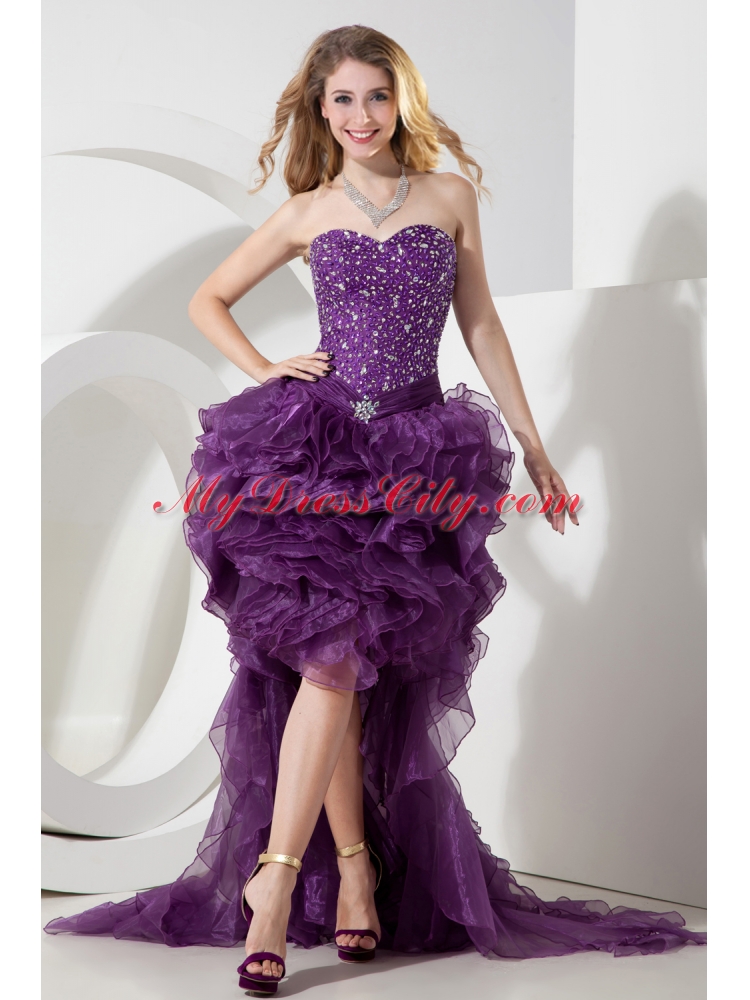 2015 Unique Purple High Low Beading Organza Evening Dress with Brush Train