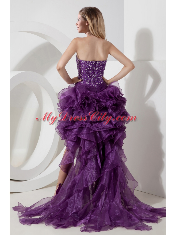 2015 Unique Purple High Low Beading Organza Evening Dress with Brush Train