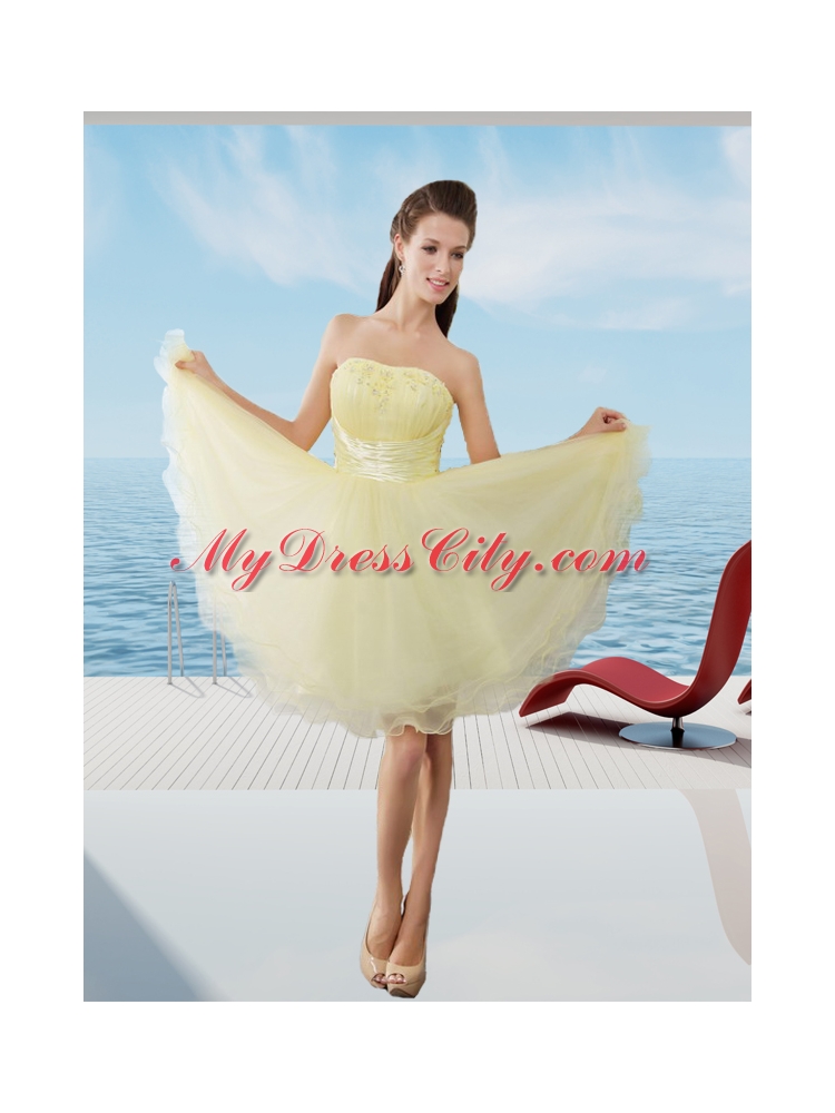 A Line Strapless Mini Length Organza Beading Prom Dress in Light Yellow