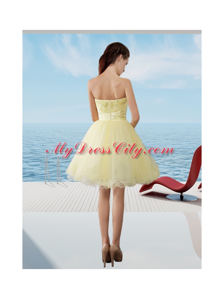 A Line Strapless Mini Length Organza Beading Prom Dress in Light Yellow