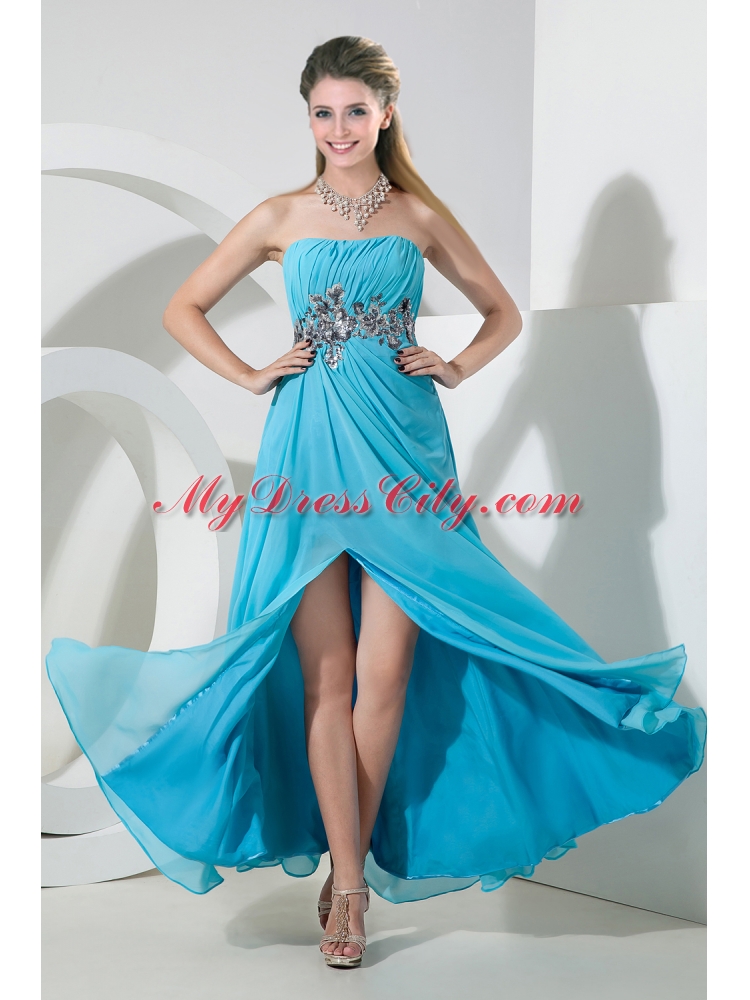 Aqua Blue Empire Chiffon Strapless Sequins Prom Dress with Floor Length