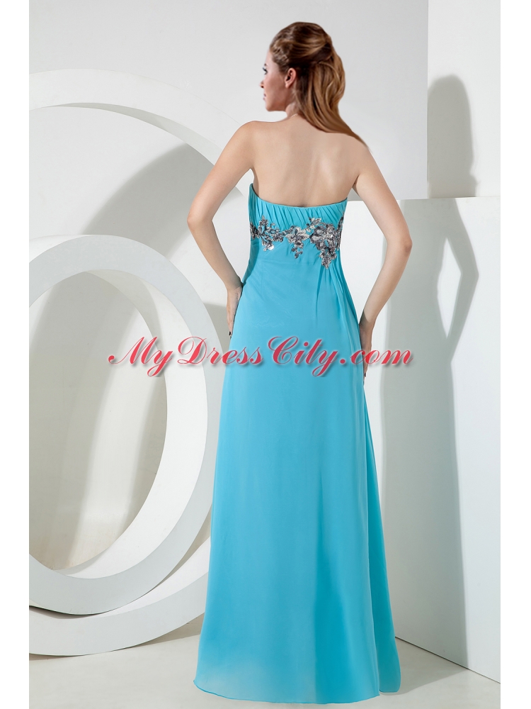 Aqua Blue Empire Chiffon Strapless Sequins Prom Dress with Floor Length