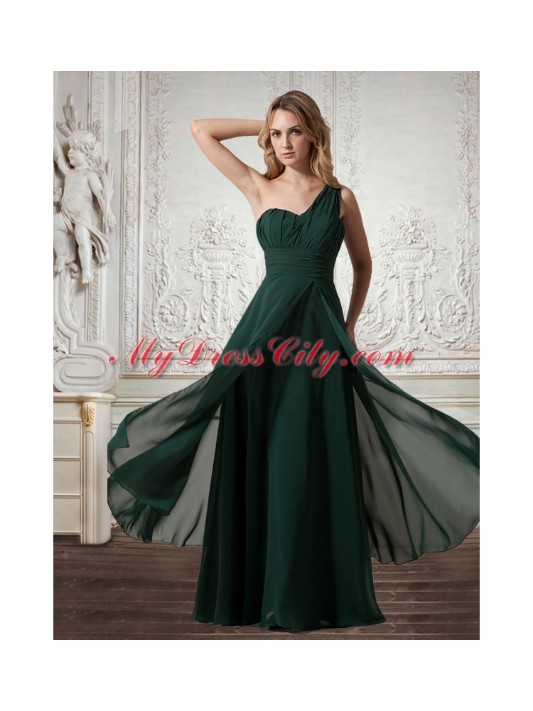 Cheap Chiffon One Shoulder Dark Green Prom Dress with Zipper