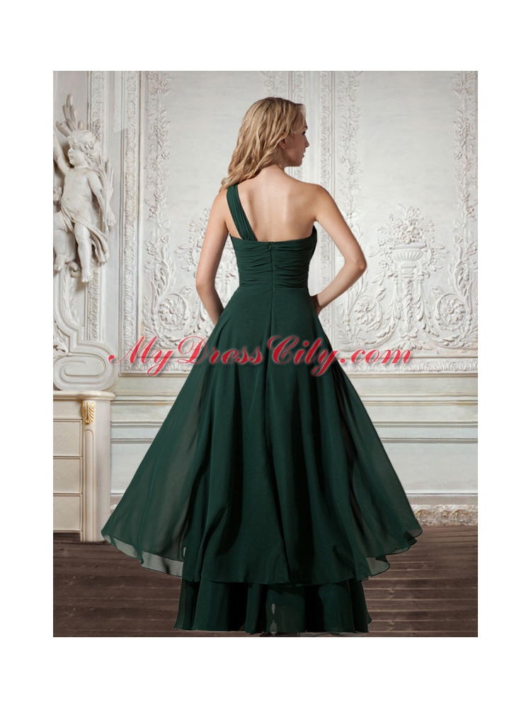 Cheap Chiffon One Shoulder Dark Green Prom Dress with Zipper