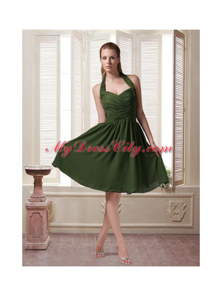 Dark Green Halter Top Chiffon Sleeveless Prom Dress with Ruching