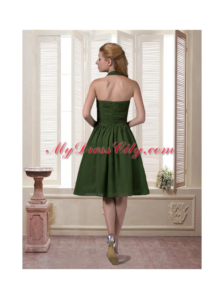 Dark Green Halter Top Chiffon Sleeveless Prom Dress with Ruching