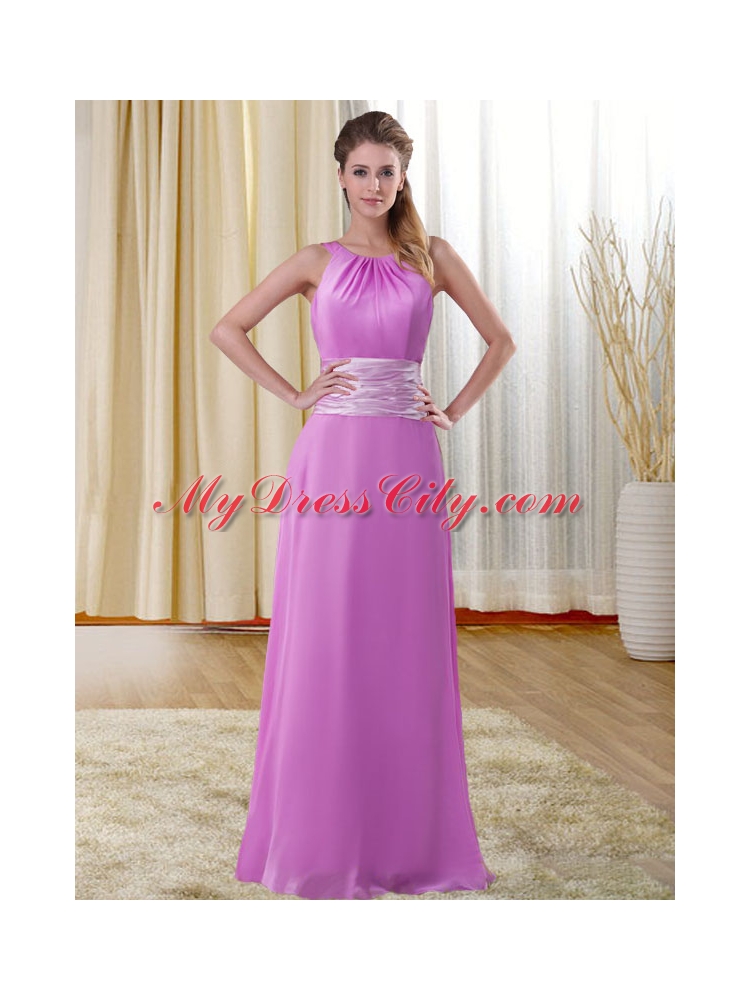 Empire Bateau Chiffon Lavender Ruched Prom Dress in Brush Train and Sash