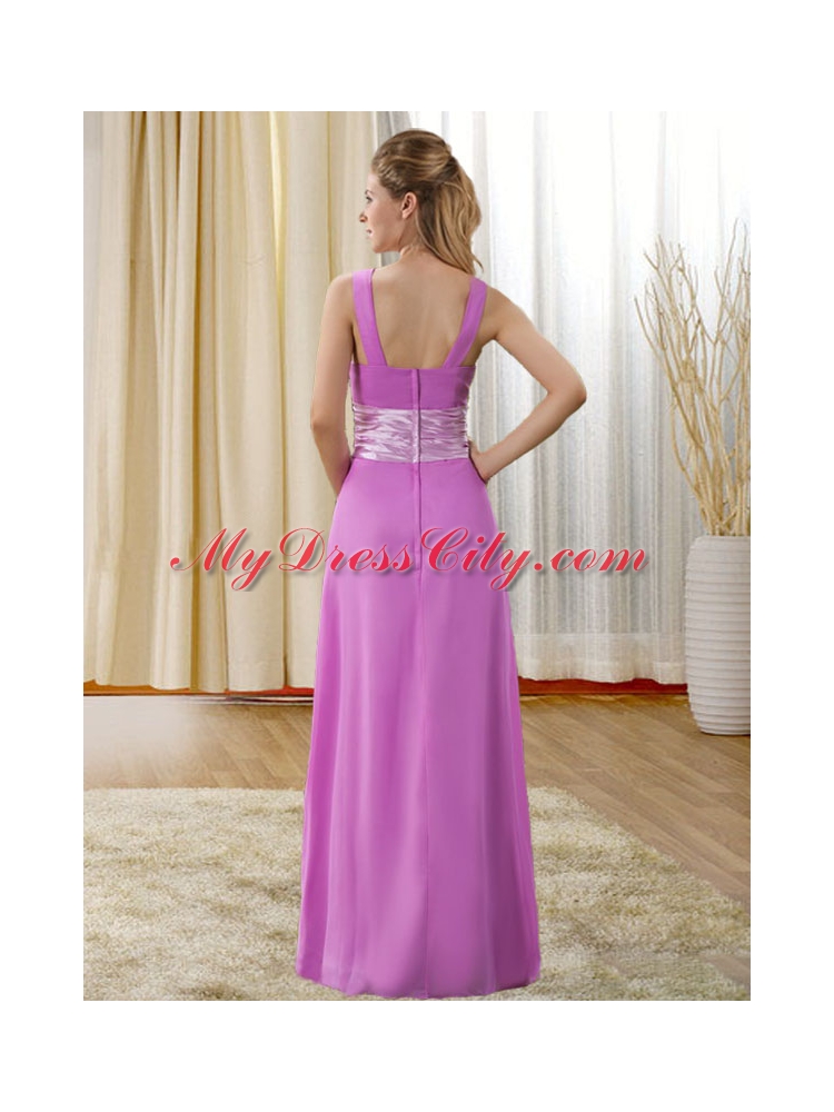 Empire Bateau Chiffon Lavender Ruched Prom Dress in Brush Train and Sash