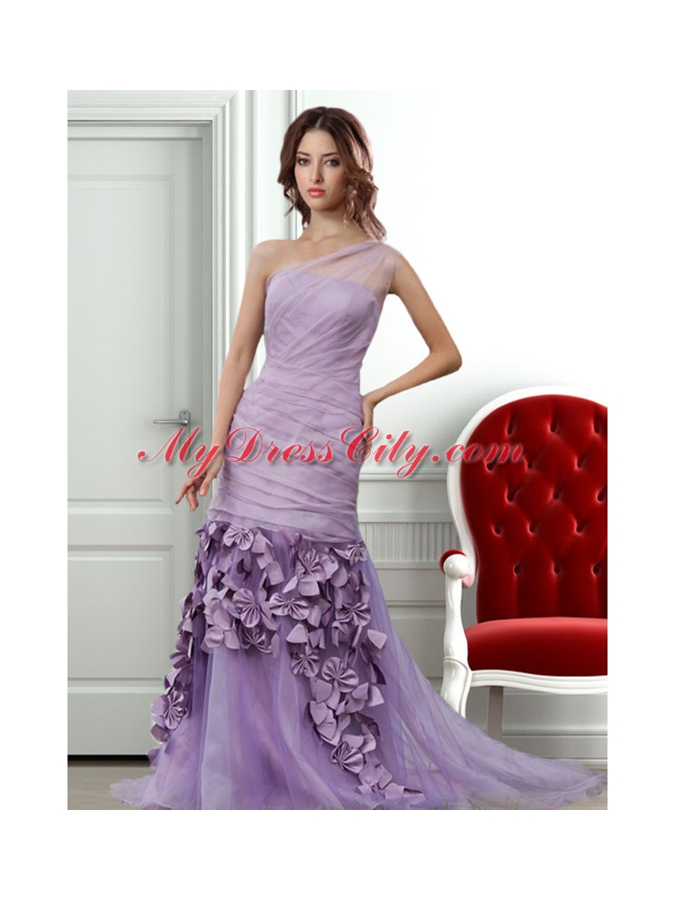 Lavender One Shoulder Prom Dress with Ruching and Hand Made Flowers