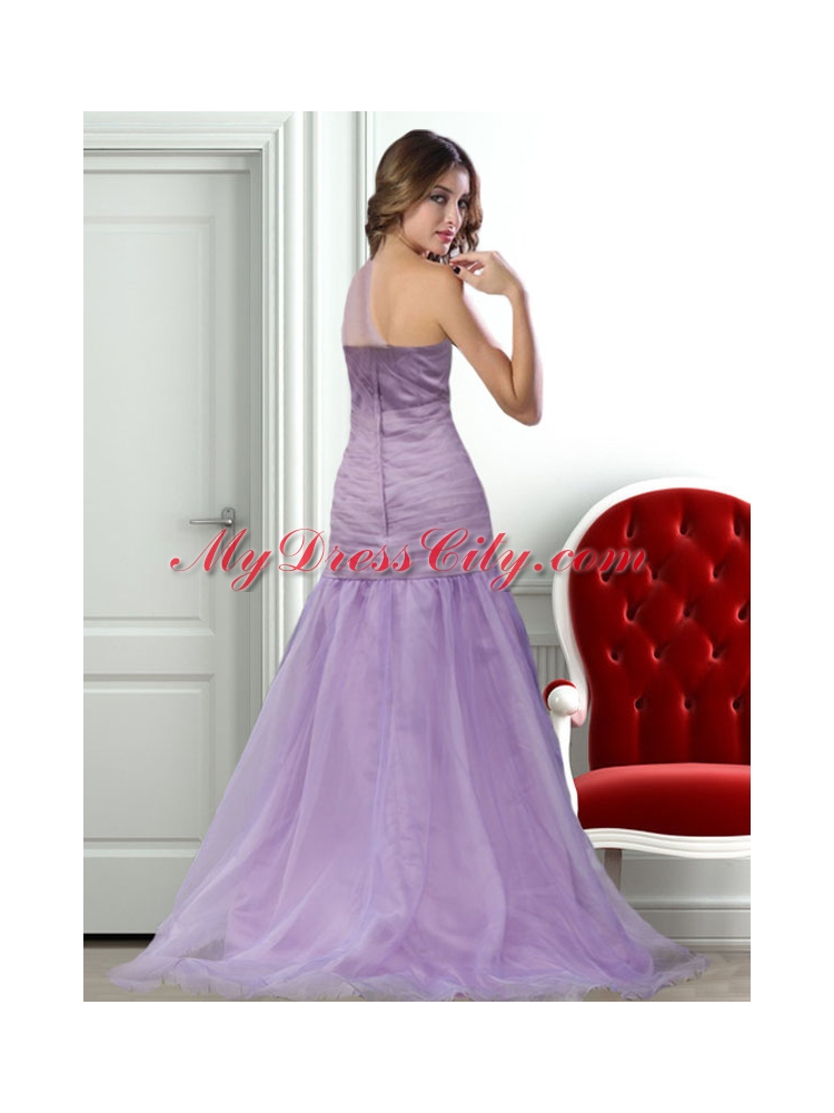 Lavender One Shoulder Prom Dress with Ruching and Hand Made Flowers