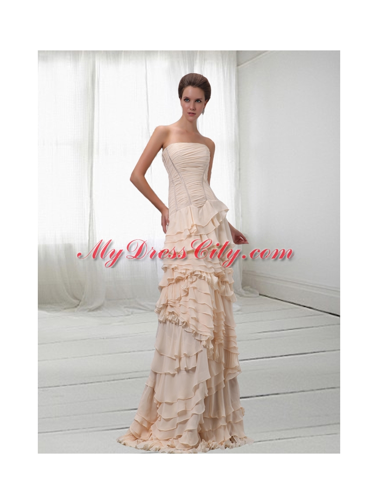 Modest Chiffon Champagne Strapless Layered Ruffles Prom Dress with Brush Train