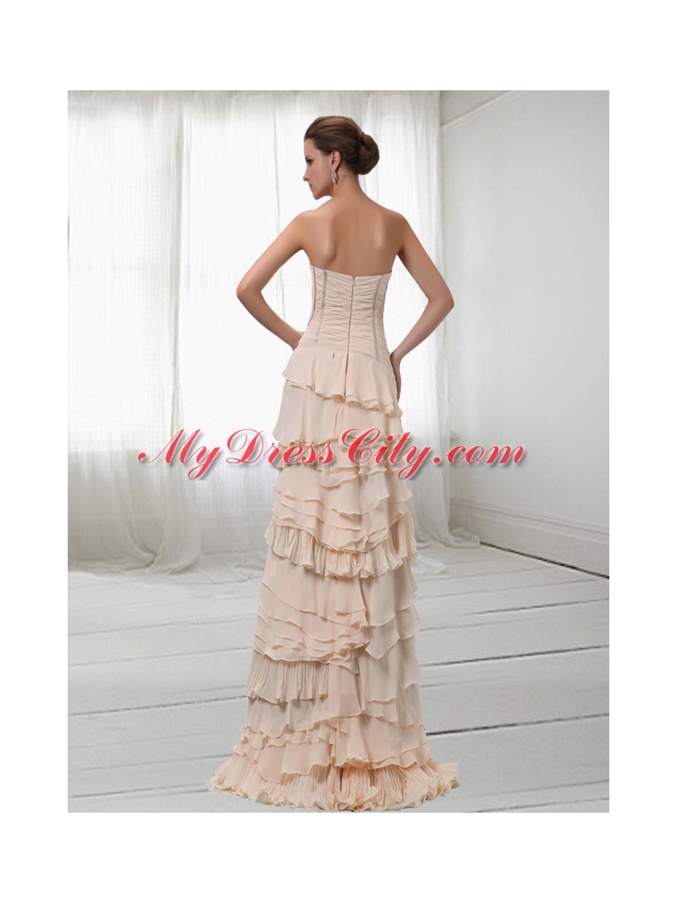 Modest Chiffon Champagne Strapless Layered Ruffles Prom Dress with Brush Train