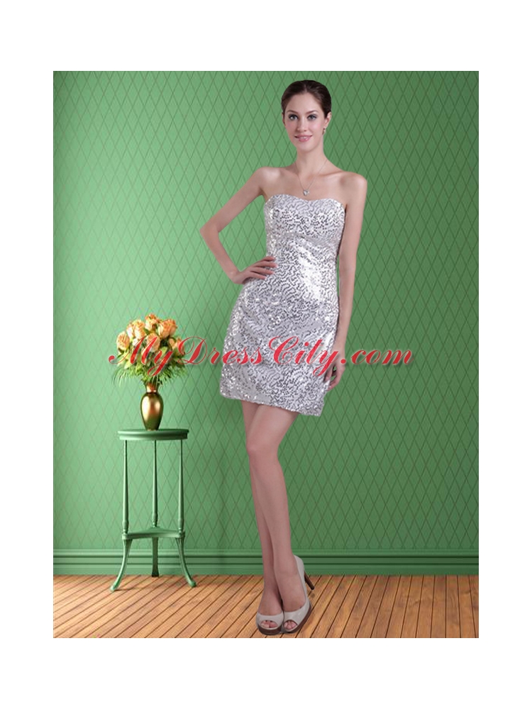 Natural Strapless Sequins Silver Column Short Prom Dress for 2015