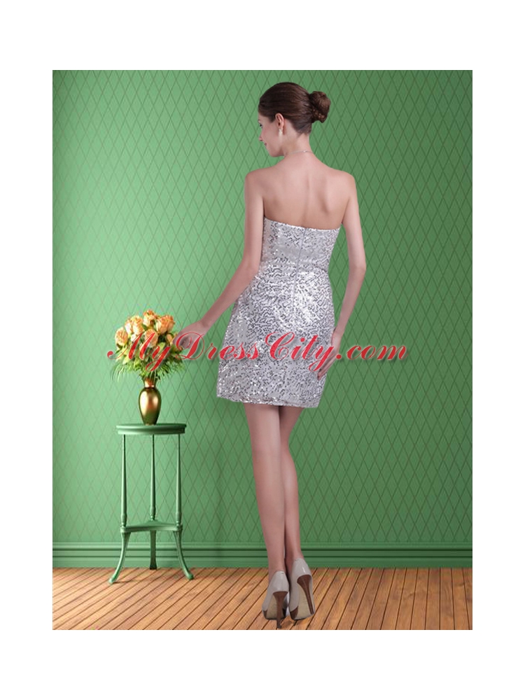 Natural Strapless Sequins Silver Column Short Prom Dress for 2015