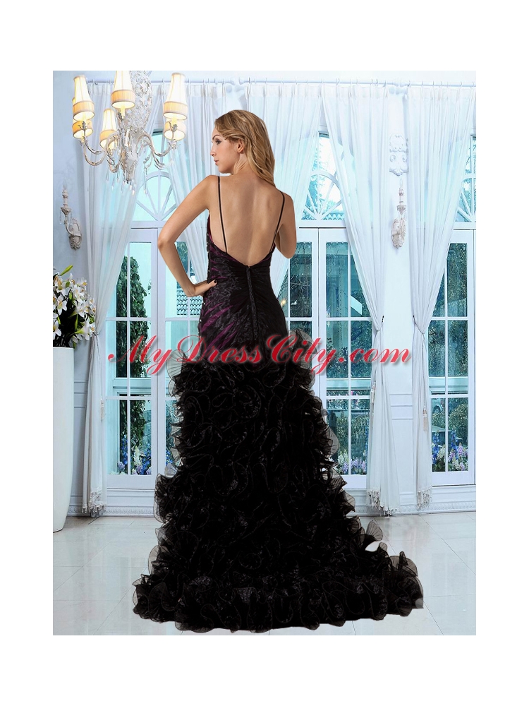 Noble High Low Straps Black Prom Dress with Beading and Ruching