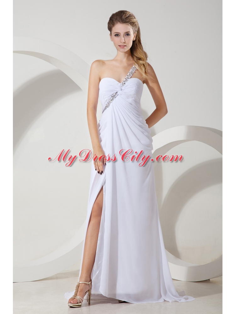 One Shoulder White High Slit Beading Evening Chiffon Dress with Brush Train