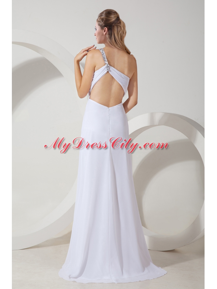 One Shoulder White High Slit Beading Evening Chiffon Dress with Brush Train