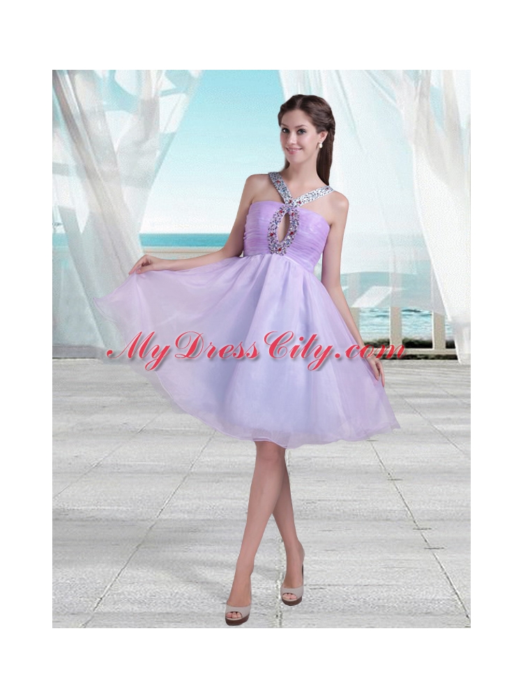 Pretty A Line V Neck Knee Length Beading Prom Dress in Lavender