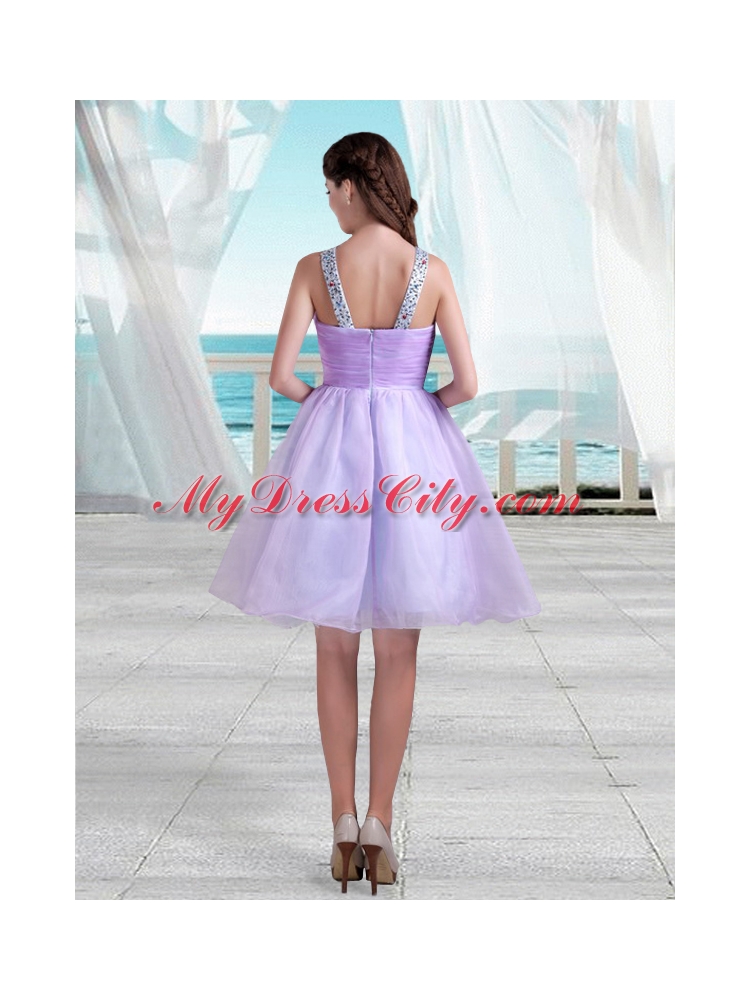 Pretty A Line V Neck Knee Length Beading Prom Dress in Lavender