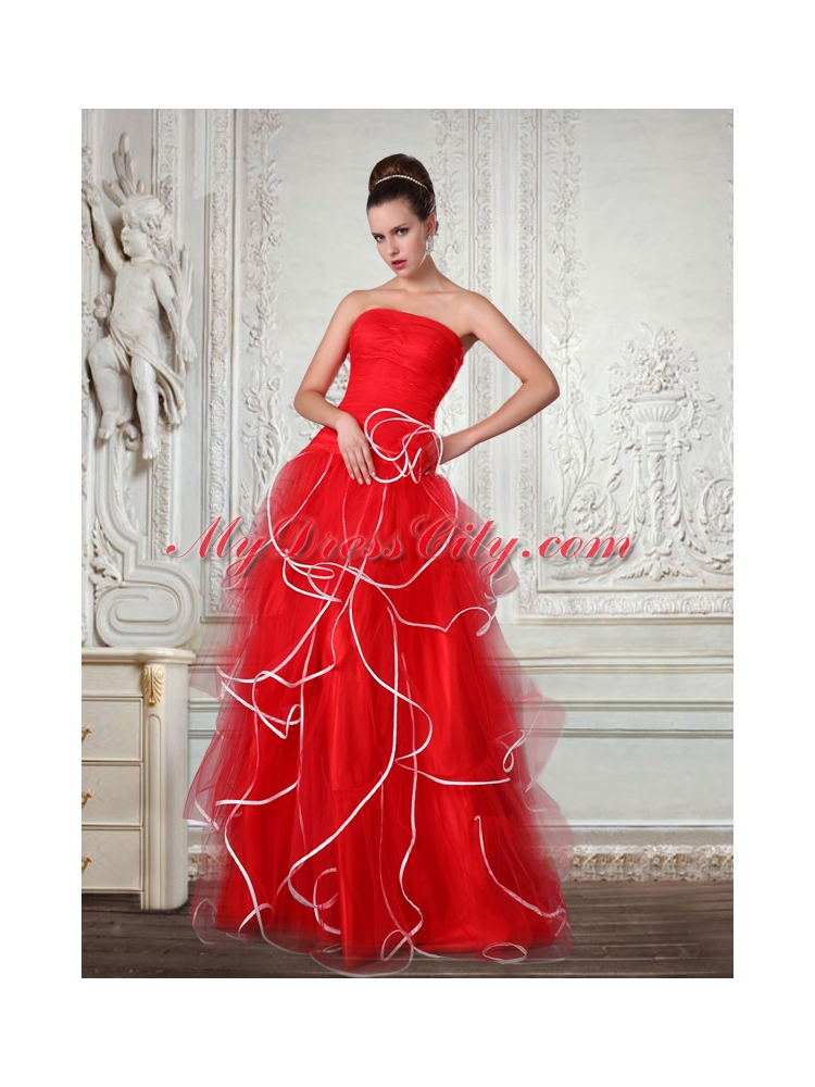 Red Floor Length Strapless Ruching A Line Prom Dress for 2015