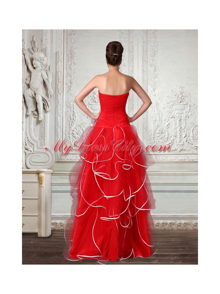 Red Floor Length Strapless Ruching A Line Prom Dress for 2015