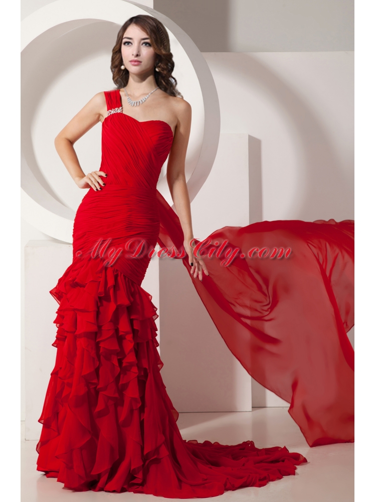 Red Mermaid Watteau Train Ruffled Layers  Gorgeous Chiffon Prom Dress with One Shoulder