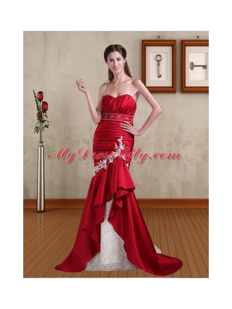 Sexy Mermaid Appliques and Beading Brush Train Red Prom Dress