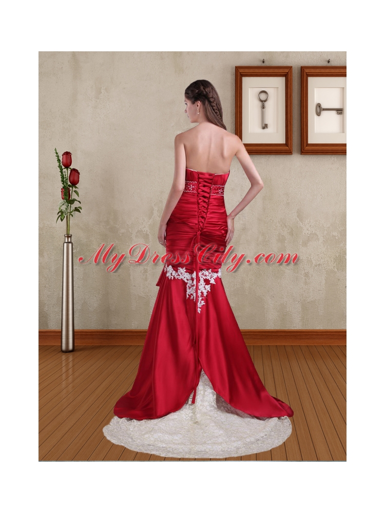 Sexy Mermaid Appliques and Beading Brush Train Red Prom Dress