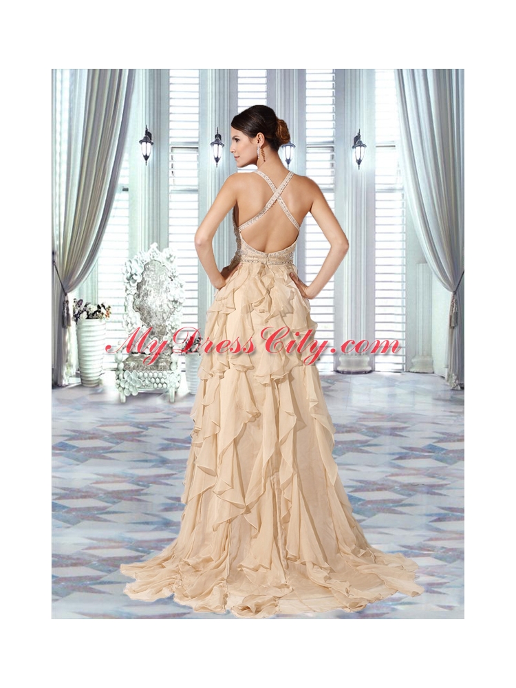 Sexy Ruffled Layers Beading Prom Dresses with Brush Train