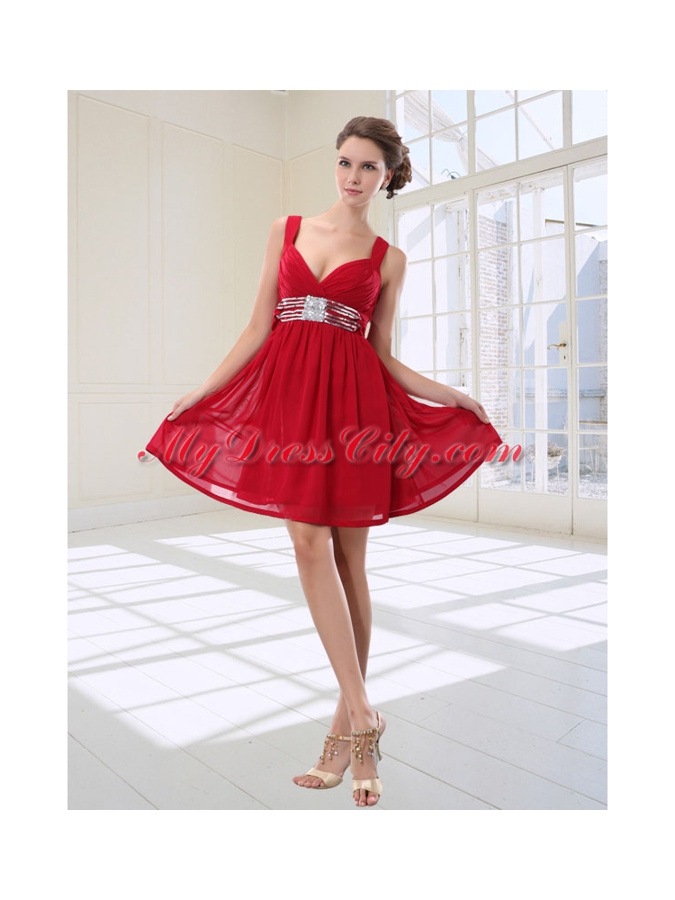 Simple Sequined Empire Straps Mini Length Prom Dresses in Red