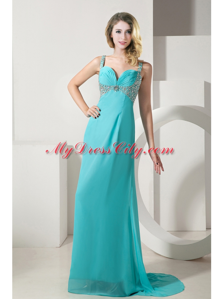 Turquoise Column Straps Brush Train Chiffon Beading Prom Dress