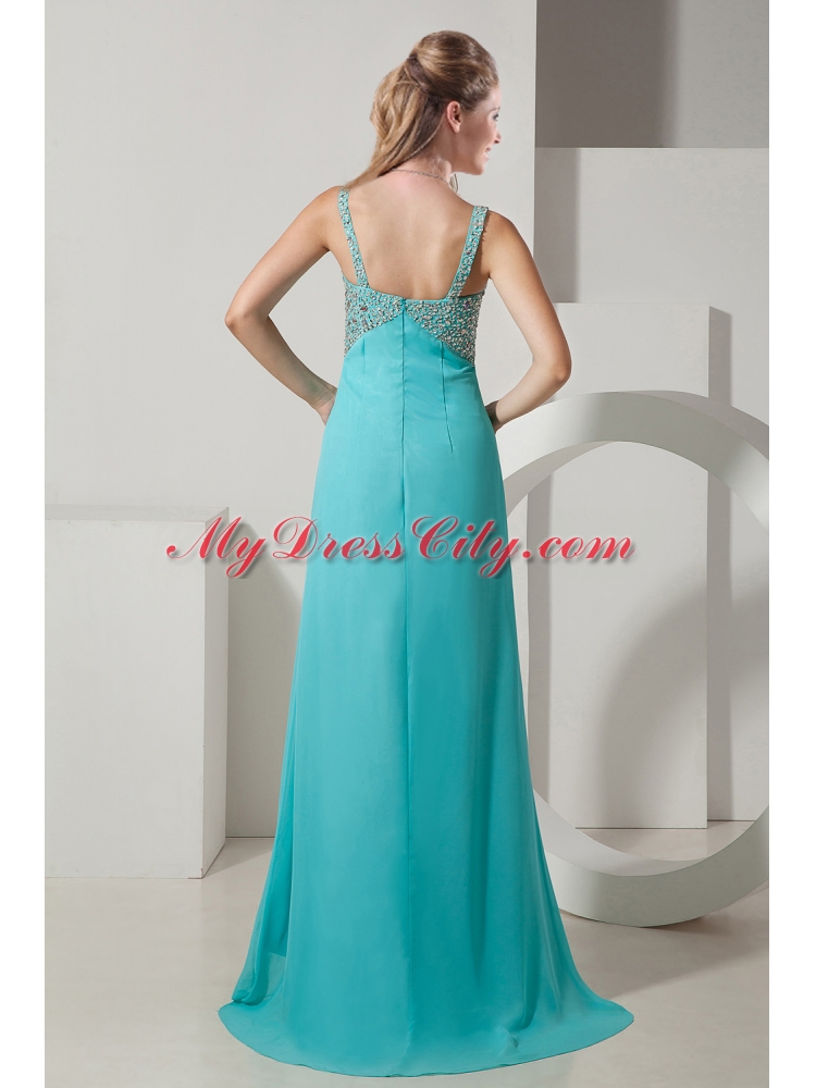 Turquoise Column Straps Brush Train Chiffon Beading Prom Dress