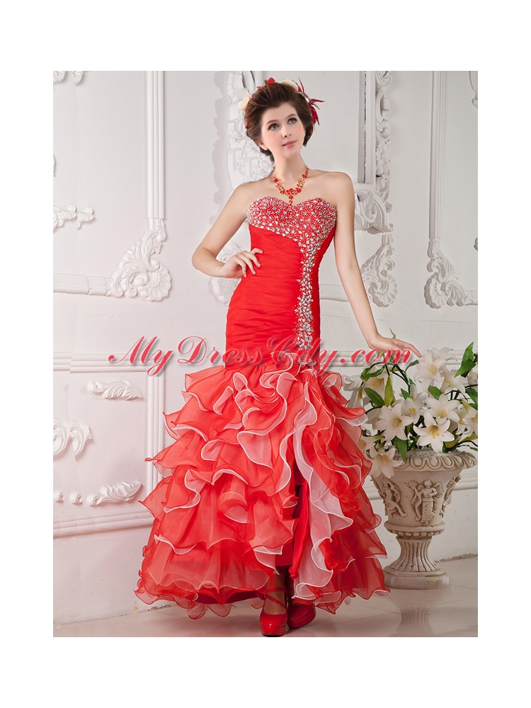 2015 Gorgeous Red Mermaid Sweetheart Beading Organza Evening Dress