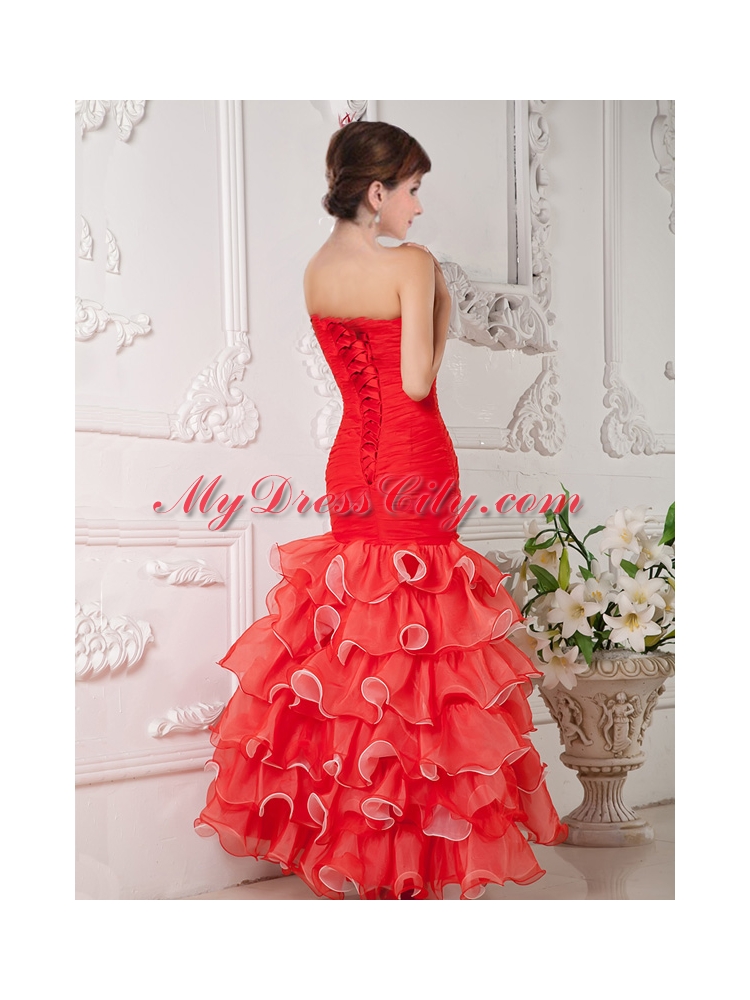 2015 Gorgeous Red Mermaid Sweetheart Beading Organza Evening Dress