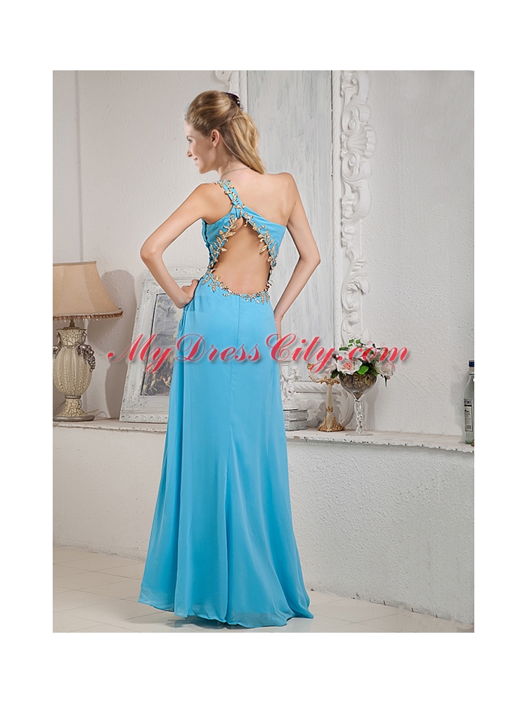 2015 Modest Aqua One Shoulder Beading Colomn Chiffon Prom Dress