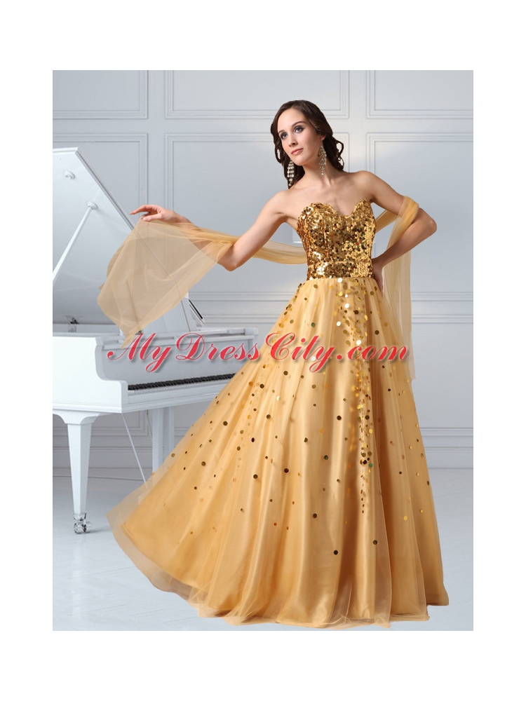 A Line Sweetheart Sequins and Tulle Prom Dress in Gold