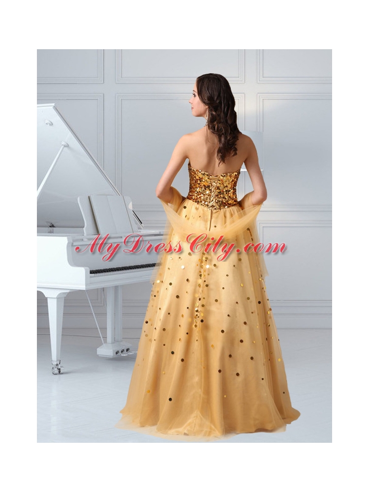 A Line Sweetheart Sequins and Tulle Prom Dress in Gold