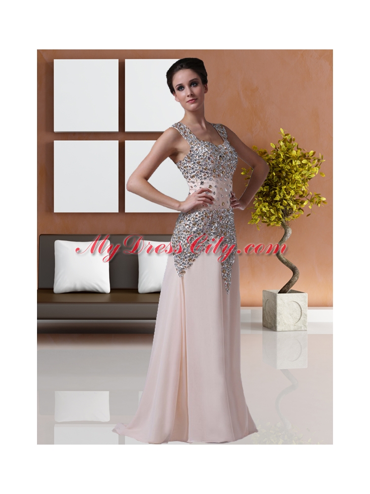 Champagne Beading Column Square Chiffon Gorgeous Prom Dress