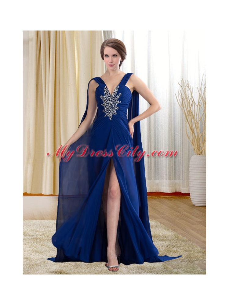 Chiffon Royal Blue Beaded and Ruched Prom Formal Dress with Watteau Train